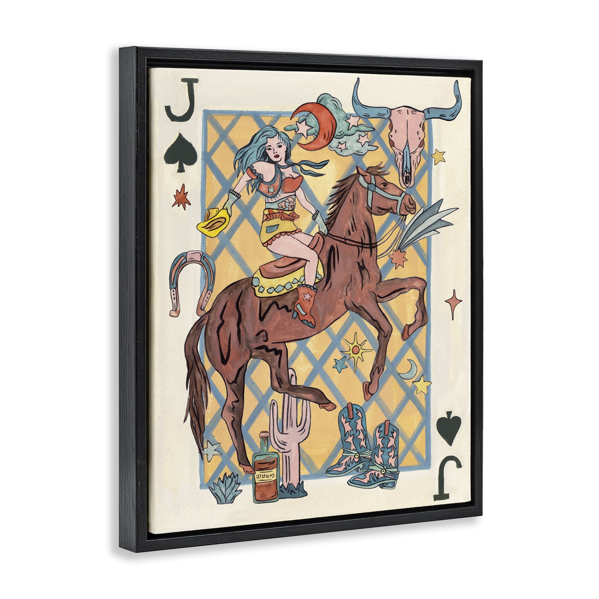 Stupell Industries Western Cowgirl Playing Card Entertainment Painting Black Floater Framed Canvas Art Print Wall Art, 17 x 21