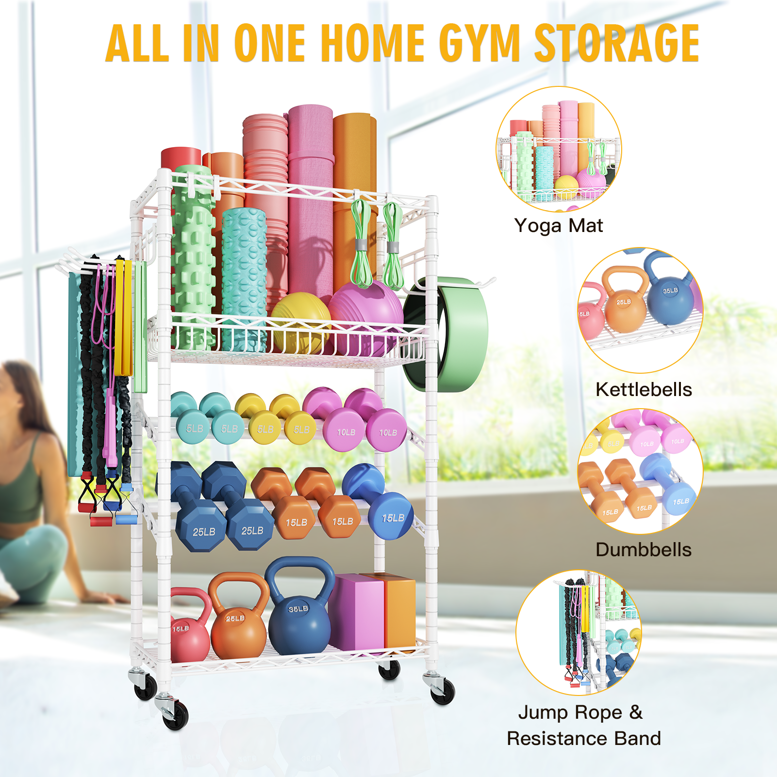 FUTASSI Dumbbell Rack, 4 Tier Steel Multi-Purpose Home Gym Storage 11.8" W x 23.6" D x 48.6" H, for Dumbbells, Kettlebells, Barbell and Yoga Mat, White