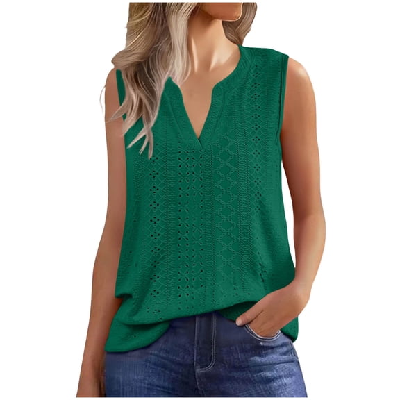 STETMN Women's Summer V Neck Tank Top, Eyelet Casual Sleeveless Blouse for Beach Vacation Daily Wear Loose Tee