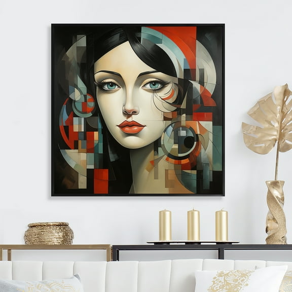 Designart "Cubism Portrait Inspired by Pablo Picasso III" Fashion Framed Wall Art - Glam Black Woman Abstract Hallway Framed Wall Art Decor