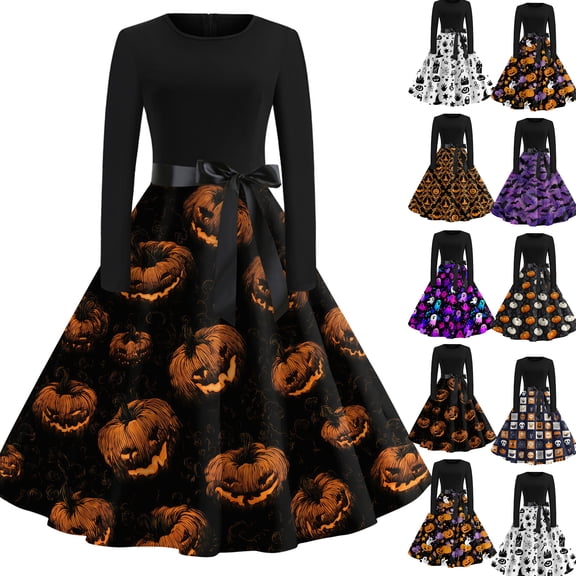 Halloween Dresses for Women Bat Ghost Crew Neck 1950s Hepburn Casual Tea Length Dress Long Sleeve Cocktail Funny Cute Dress with Belt S