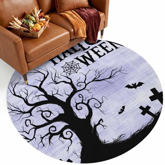 Hallo Halloween 7' Round Rugs for Living Room Conversation Area, Spooky Gnarled Tree Flying Bat Graveyard Hill Purple Washable Non Slip Large Circle Area Rug Under Dining Table