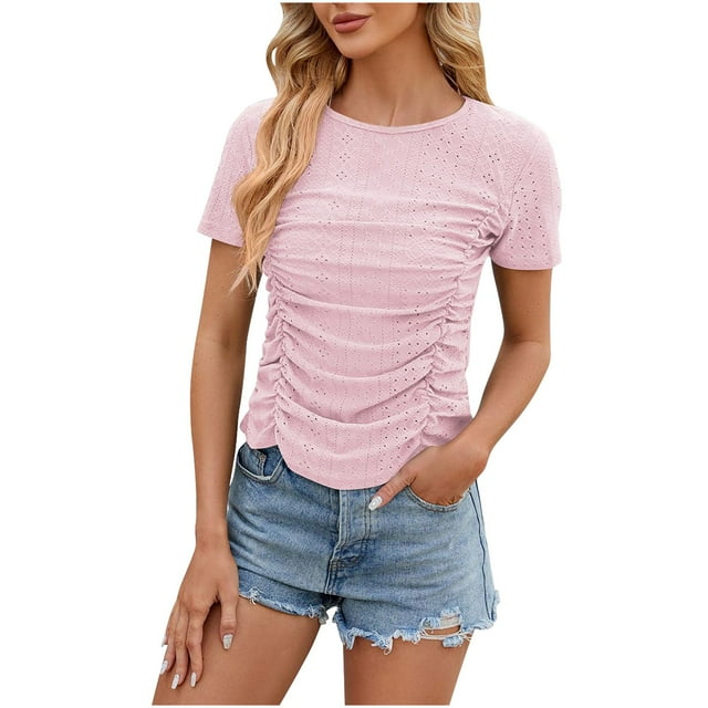 AherBiu Summer Casual Tops for Women Eyelet Hole Side Drawstring Ruched Boho Short Sleeve Shirts Blouse
