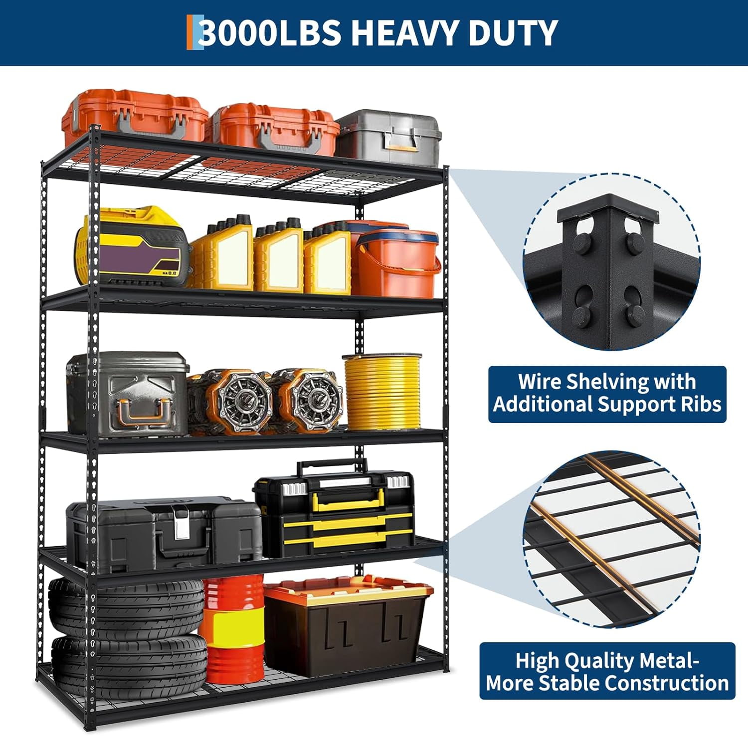 2500LBS 60" W x 24" D x 72" H Heavy Duty Garage Shelving, Adjustable 5-Tier Storage Shelves, Industrial Metal Shelving Units, Steel Organizer Wire Rack, Black