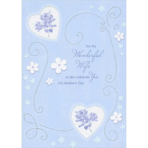 Designer Greetings As We Celebrate You: Blue Flowers Inside Sparkling Die Cut Heart Windows Mother's Day Card for Wife