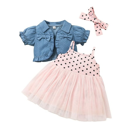 

Youmylove Infant Baby Girls 6M-3Y Ruffles Bowknot Denim Coat Tops Heart Printed Tulle Suspenders Princess Dress Headbands Outfits Baby Summer Autumn Clothing