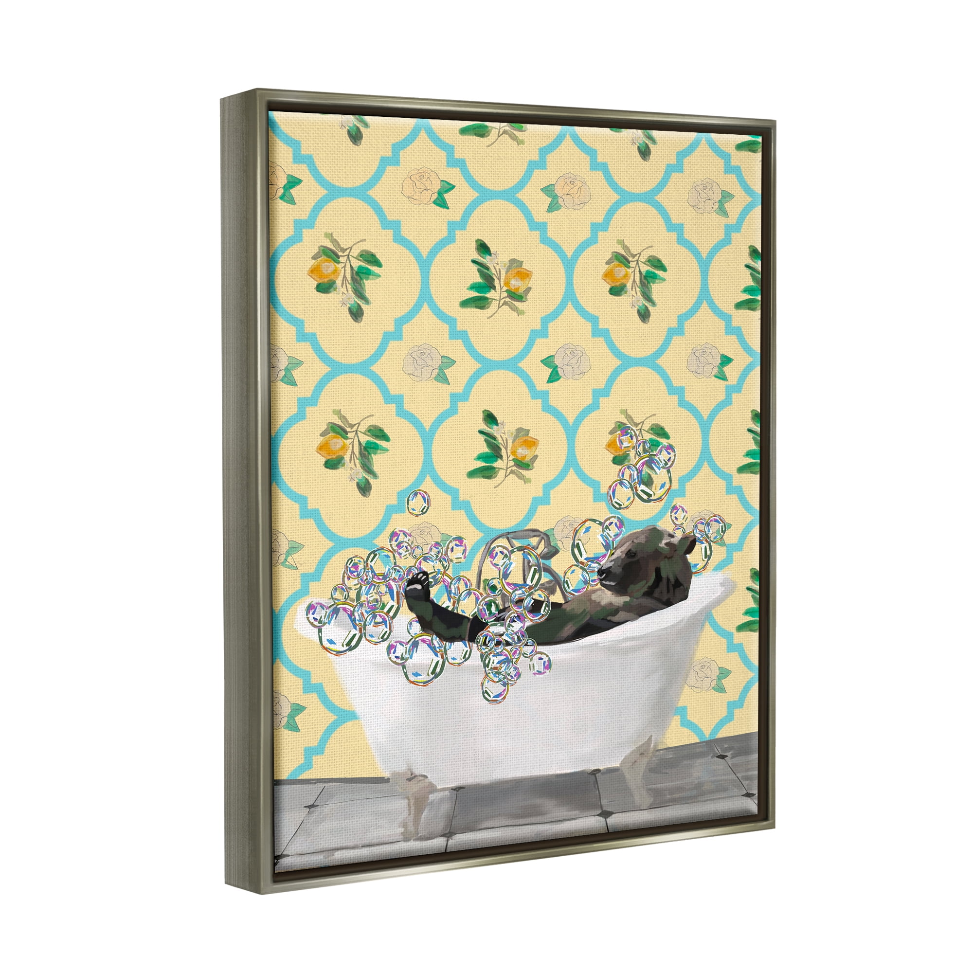 Stupell Industries Bear in Patterned Bathroom Animals & Insects Painting Gray Floater Framed Art Print Wall Art, 17 x 21