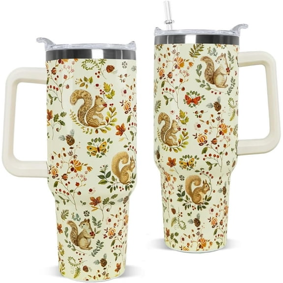 40 OZ Squirrel Insulated Tumbler with Handle & Straw - Stainless Steel Travel Mug for Coffee & Water, Fall Theme Cute Gift for Squirrel Lovers, Women & Girls
