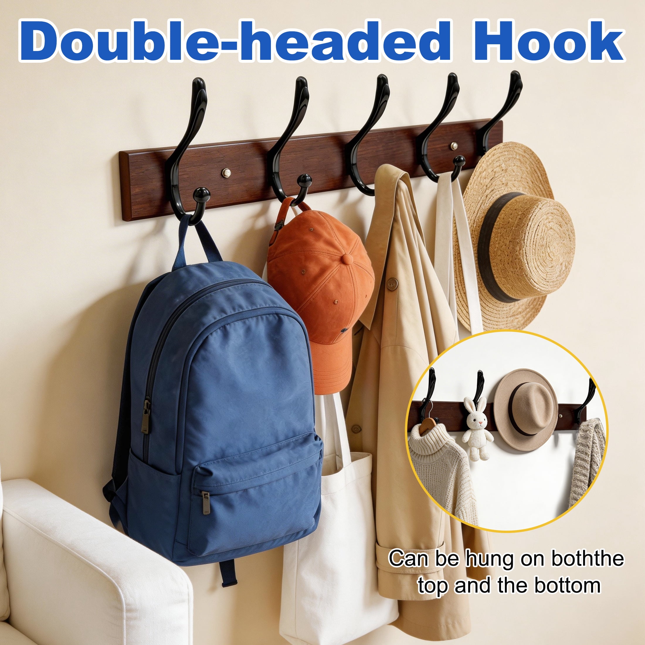 2 Pack Wall Mount Coat Hook Rack, Wooden Coat Rack with 5 Double Metal Hooks, Heavy Duty Entryway Hat Bag Towel Hanger for Bedroom Closet, Entryway Organizer for Coats, Hats, Bags and Umbrellas