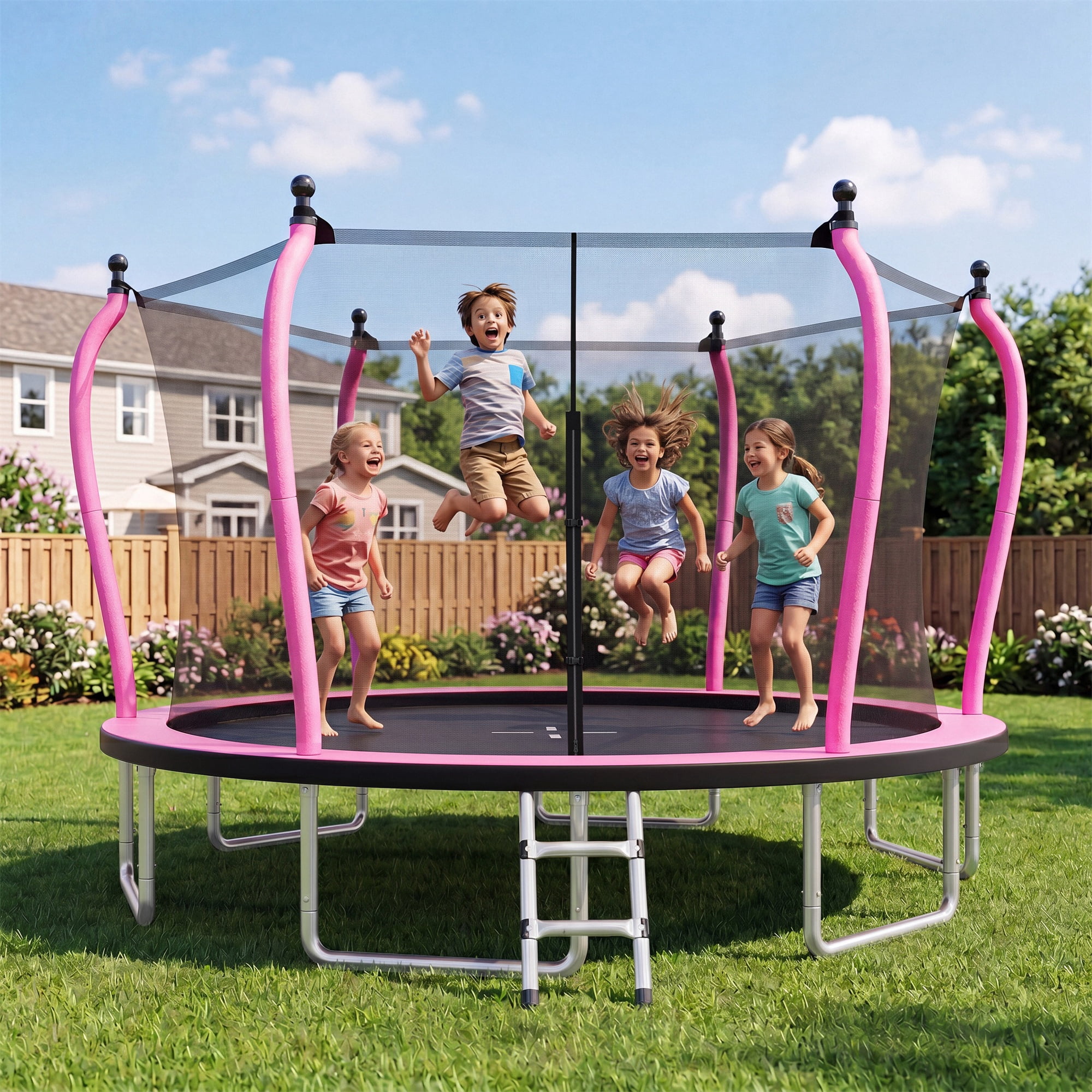 Alvantor 14Ft Trampoline for Kids & Adults, Pumpkin Trampoline with Enclosure Net and Ladder for Backyard Pink