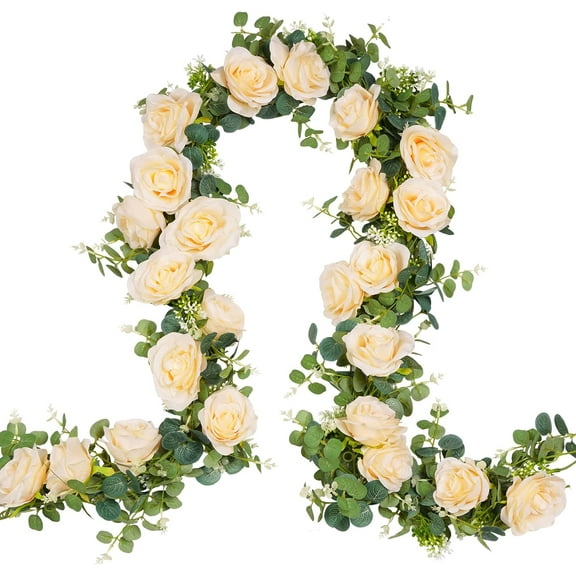 6FT Artificial Eucalyptus Garland with Flowers, Rose Vine Flower Garland, Silk Champagne Rose Garland Faux Floral Garland for Table, Wedding, Bedroom, Party, Wall Decor