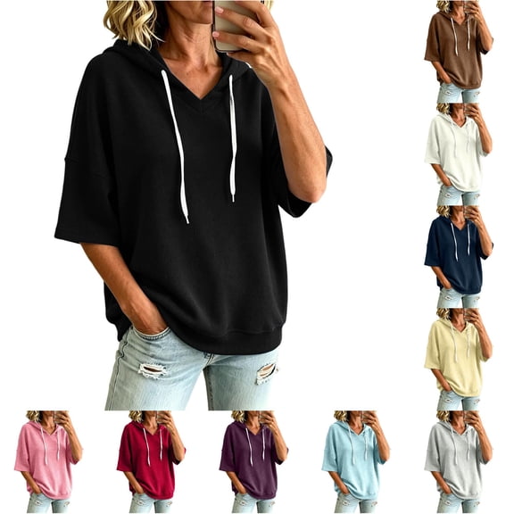 SUXIAN Hoodies for Women Relaxed Short Sleeve Tie Front Casual Hoodie Womens XXXL