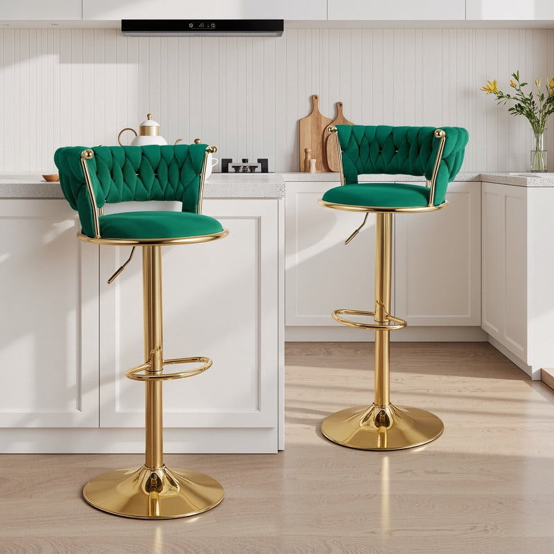 Daluvenix Velvet Bar Stools Set of 2, Counter Height Barstools with Low Back, Gold 360° Swivel Bar Stool ,Counter Height Bar Chairs for Kitchen Island, Pub, Green