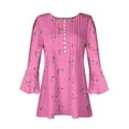 thumbnail image 1 of Blusa informal con botones estampados y plisados de plástico para mujer, manga 3/4, manga corta y cuello de cuerno., 1 of 4