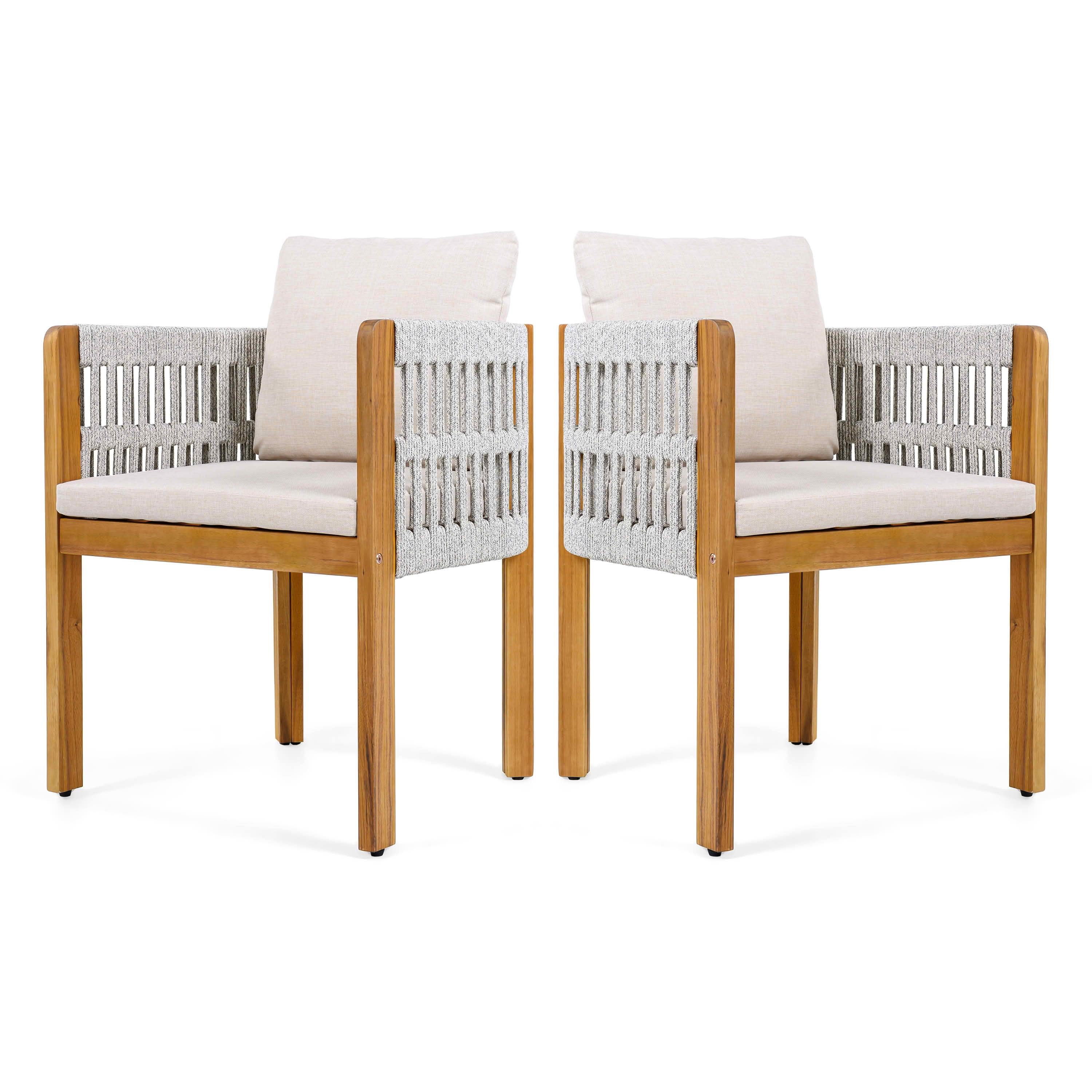 MAYEERTY Set of 2 Acacia Wood Patio Chairs with Rope-Wrapped Arms & Waterproof Foam Cushions 400lbs Capacity