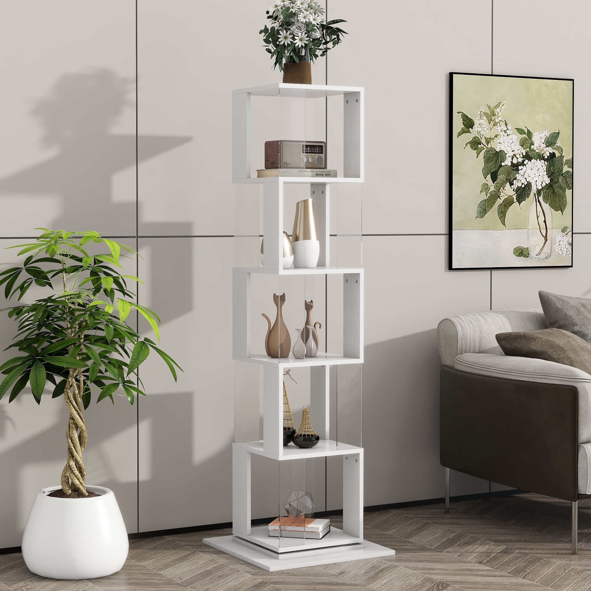MAYEERTY 5-Tier Rotating Bookshelf, Space-Saving Bookcase with Acrylic Plate & Anti-Tipping Base