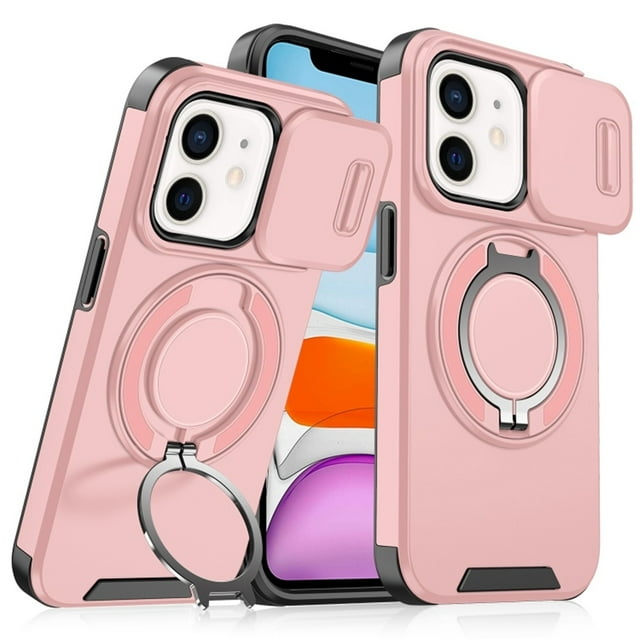 Case for iPhone 11 6.1-inch in pink, featuring a built-in slide camera cover, rotatable kickstand, and sliding ring. This heavy-duty protective case is crafted from nano-coated TPU+PC double-layer material, offering shockproof and scratch-resistant protection. Includes raised edges for screen and camera safety, textured back for grip, and compatibility with magnetic car mounts. Designed for iPhone 11 with precise cutouts for buttons, cameras, and ports.