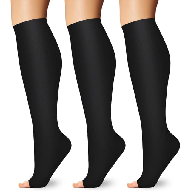 PinesC 3 Pairs Open Toe Compression Socks for Women & Men Toeless Knee High Stockings for Circulation Support 01 Black Large-X-Large