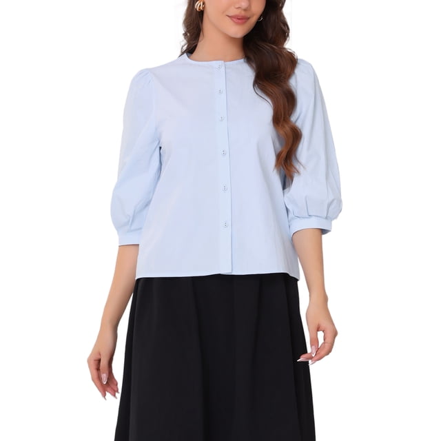 INSPIRAR CHIC Blusa Casual de Verano para Mujeres con Botones de Algodón, Manga Abullonada, Cuello Redondo, Talla XS, Color Azul