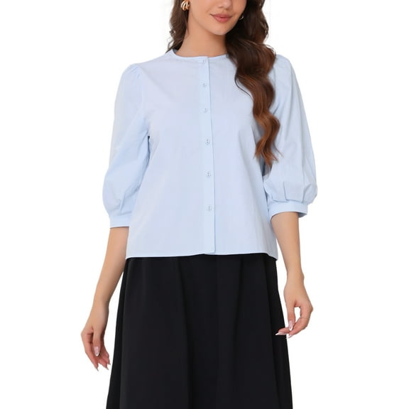 INSPIRE CHIC Women's Summer Button Down Cotton Puff Sleeve Crew Neck Casual Blouse Top XS Blue