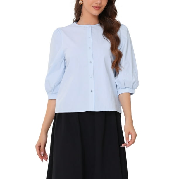 INSPIRAR CHIC Blusa Casual de Verano para Mujeres con Botones de Algodón, Manga Abullonada, Cuello Redondo, Talla XS, Color Azul