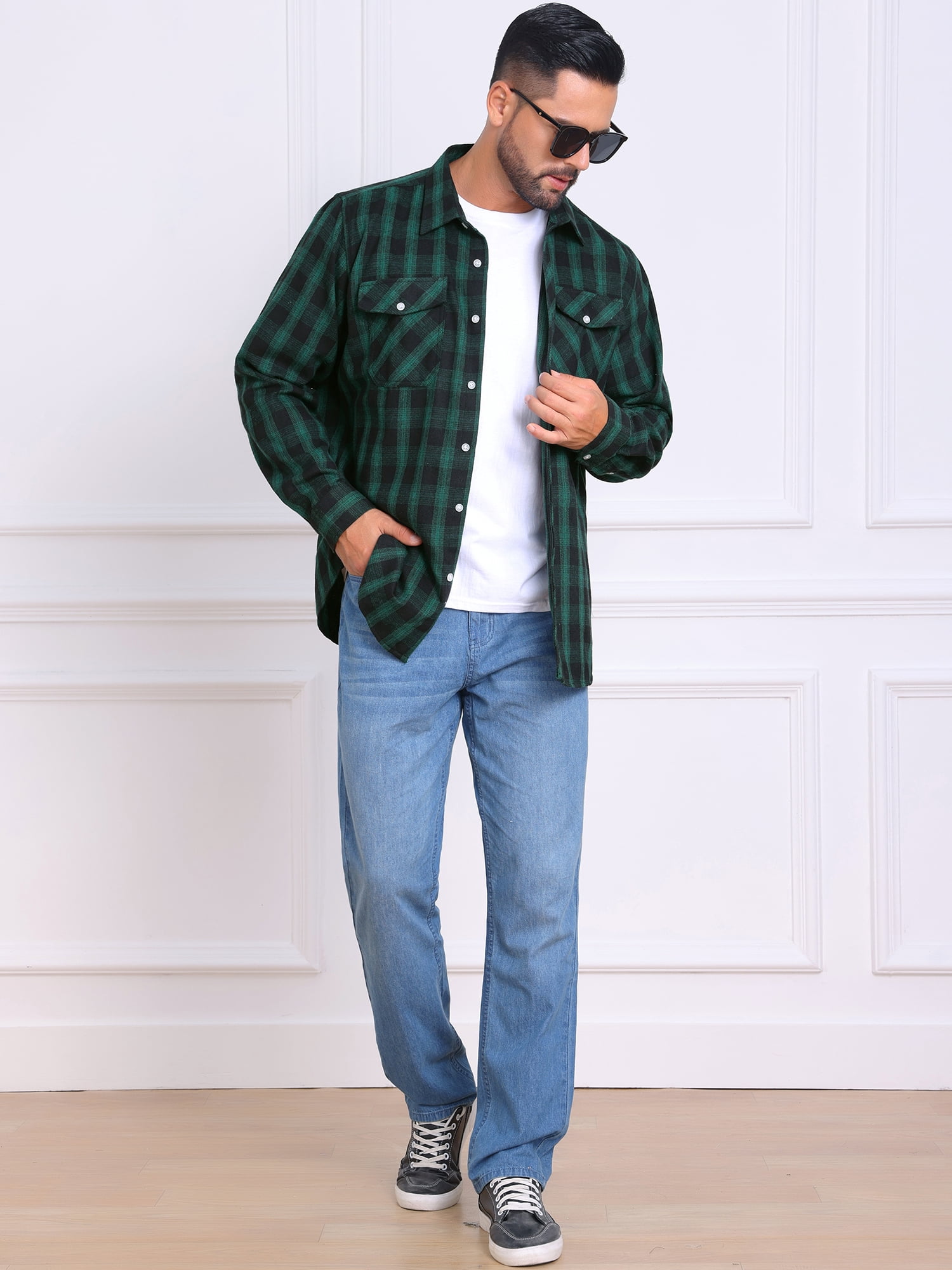 DARING DIVA Men's Contrast Color Slim Fit Long Sleeved Button Down Shirts L Black Green