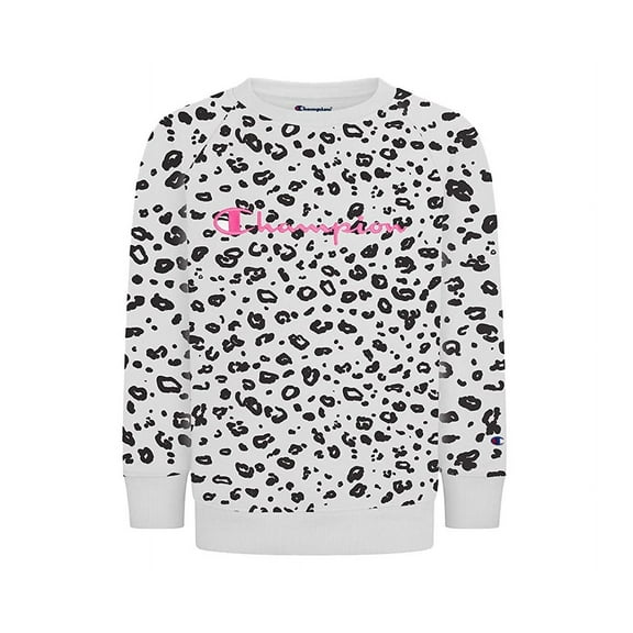 Champion AOP Leopard Script Crew Girls Active Sweatshirts Size L, Color: White/Pink/Black