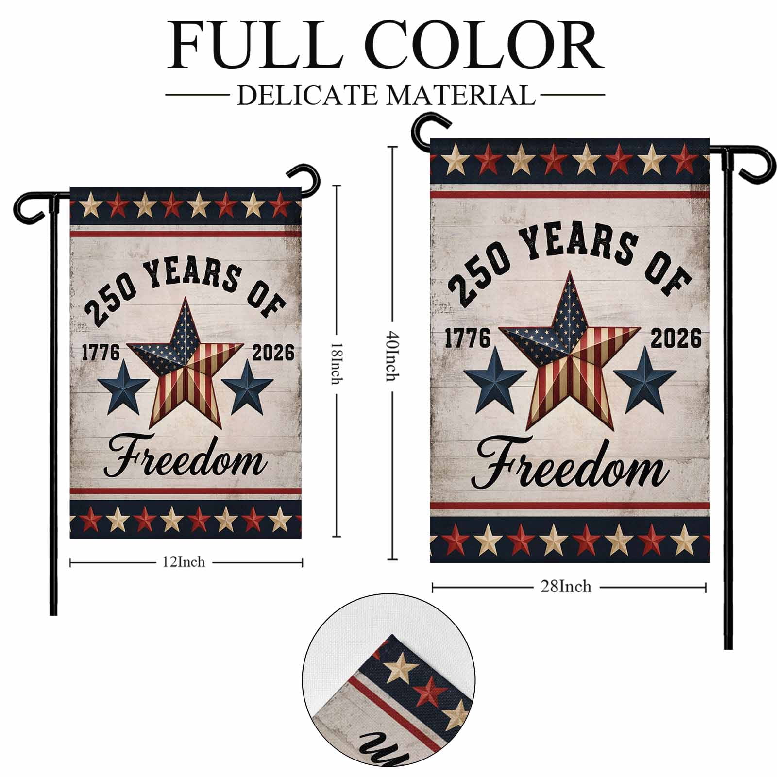 4th of July Garden Flags 250 Years of Freedom Garden Flag Double Sided Welcome Flag Retro Patriotic Stars American Flag Independence Day Yard Flags for Outdoor Lawn Porch Memorial Day 28x40 Inch