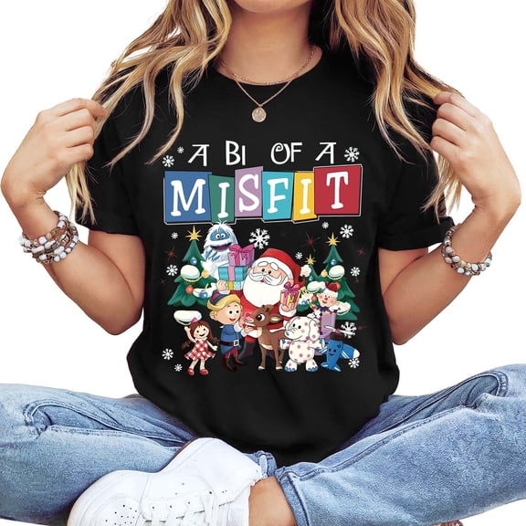 Women's Long Sleeve Crewneck Christmas Graphic T-Shirt - "A Bit Of A Misfit" Holiday Character Festive Top