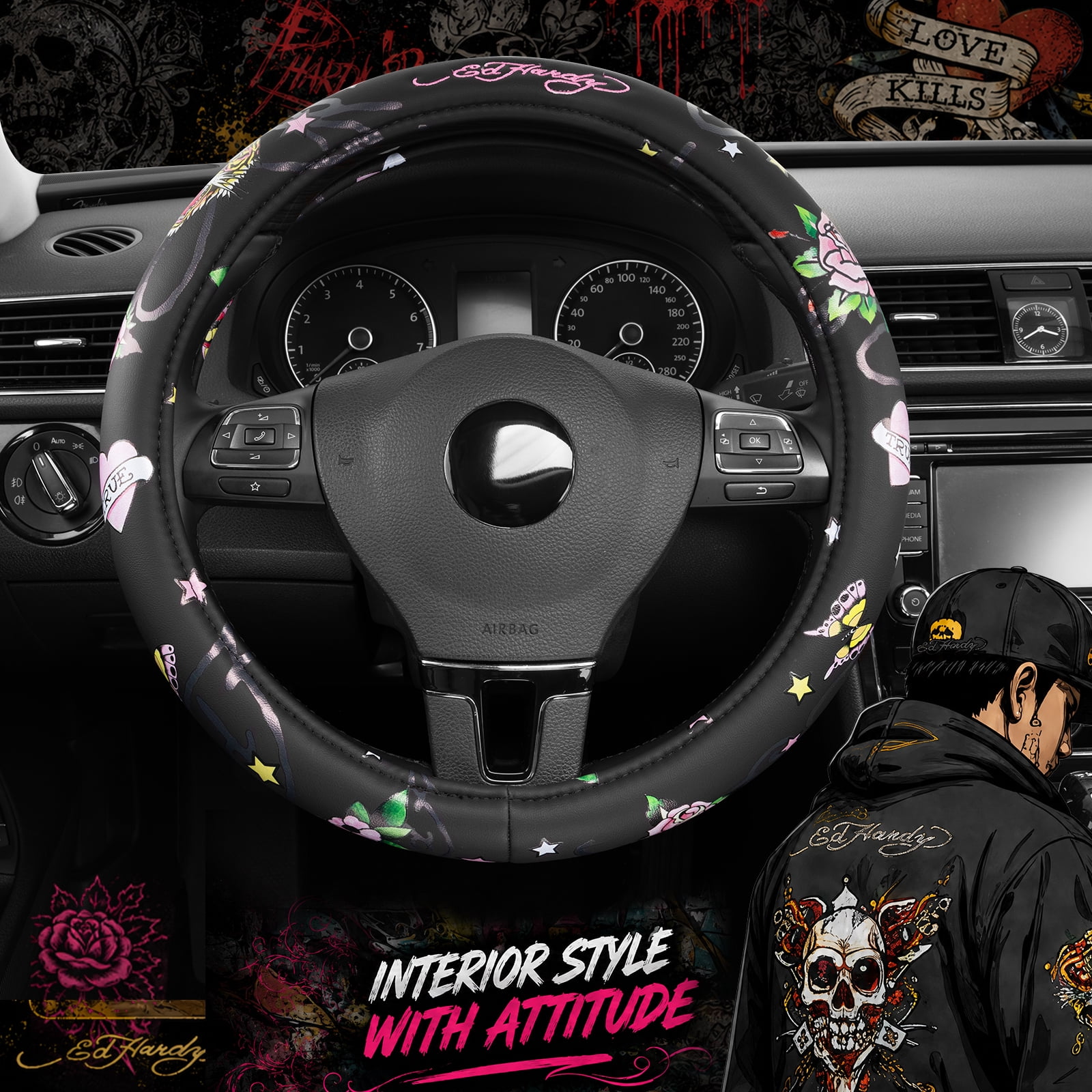 Ed Hardy Steering Wheel Cover, Tiger Print Steering Wheel Cover,Leather Steering Wheel Cover Non-Slip, Universal Fit for Cars SUV Truck, Fits 14.5"–15"