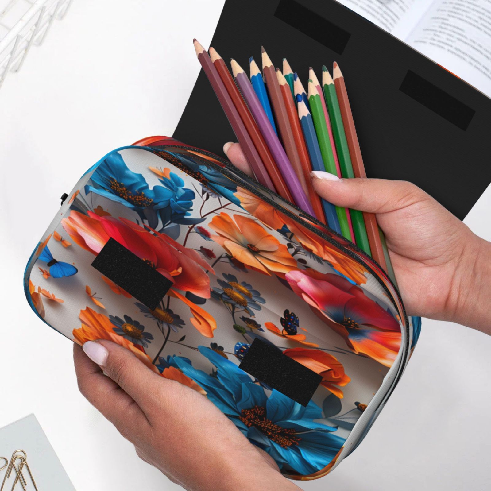 Rateoe 3D Butterfly Pattern Double Clamshell Pen Case, Storage Organizer with Two Zipper Compartments– Holds Up to 50 Pencils & Pens