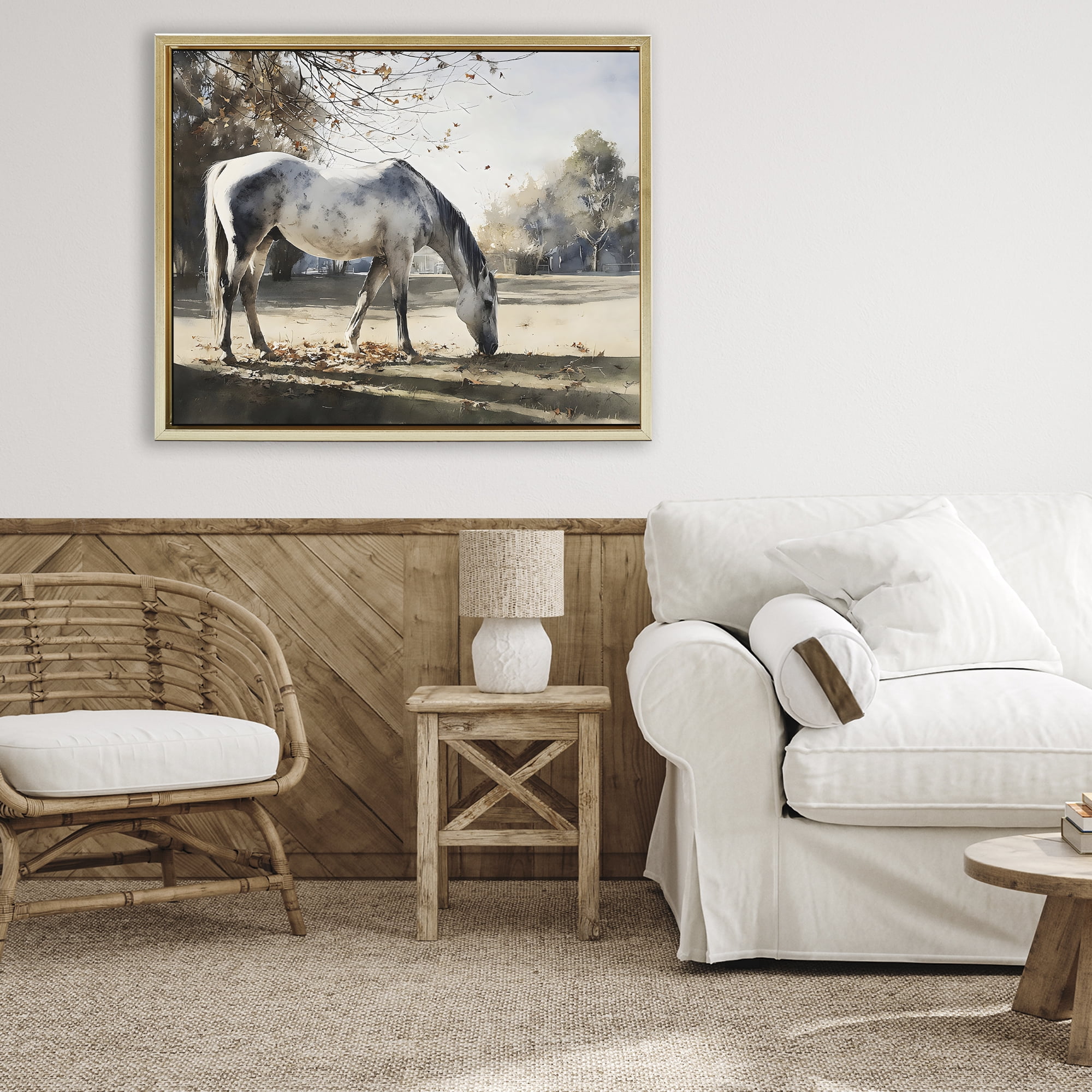 Stupell Industries Grey & White Mare Grazing Gold Framed Floater Canvas Wall Art, design by Franklyn Gregory