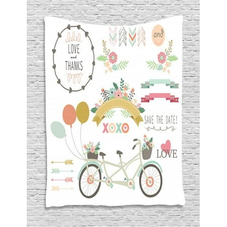 Engagement Party Tapestry, Bicycle With a Basket Full of Spring Flowers Wedding Concept Elements, Wall Hanging for Bedroom Living Room Dorm Decor, 40W X 60L Inches, Multicolor, by