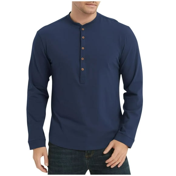 UAMVSH Shirts Chemises en Coton pour Hommes Décontractées à Manches Longues Col Henley T - Basiques Classiques Mode Chandail Uni Hauts Vêtements d'Automne (X-Grand, Bleu)