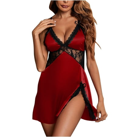 YanQiao Women s Pajama Satin Sexy Lace Lingerie Robe Pjs Silk Sleepwear XL Wine