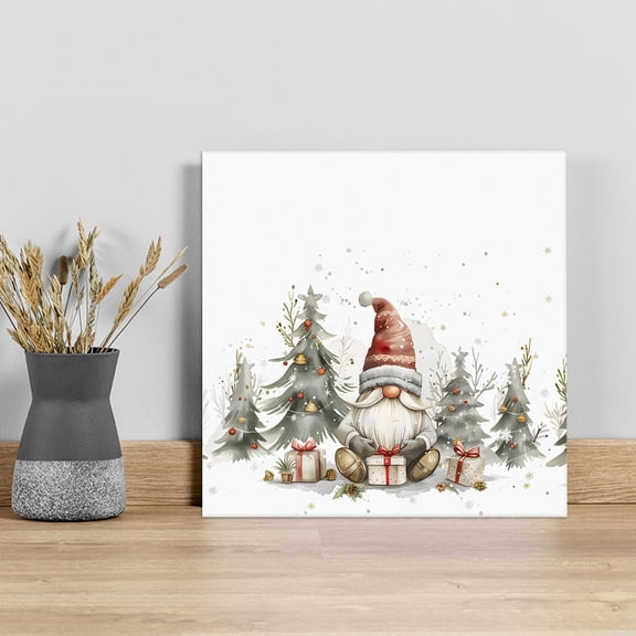 Christmas Gnomes Wall Art Painting on Canvas, Xmas Tree Watercolor Red Canvas Art Home Prints Wall Art Framed Modern Artwork for Living Room Bedroom Wall Decor 12x12in