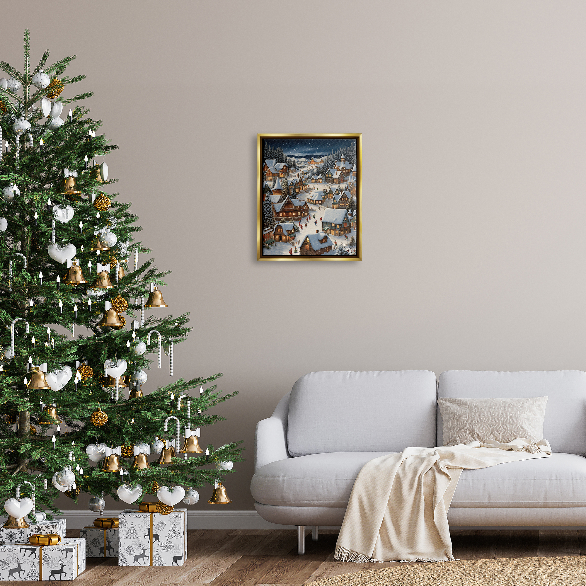 Stupell Industries Snowy Christmas Village Holiday Painting Gold Floater Framed Canvas Art Print Wall Art, 17 x 21