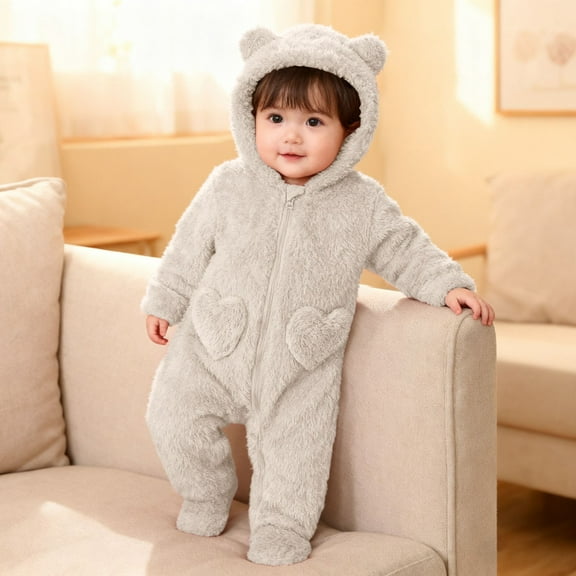 Infant Boys Girls Fleece Lined Onesie - Thermal Snowsuit Romper With Bear Ears Hood Baby Winter Suit Newborn Baby Bear Onesie Outfit 0-3 Months