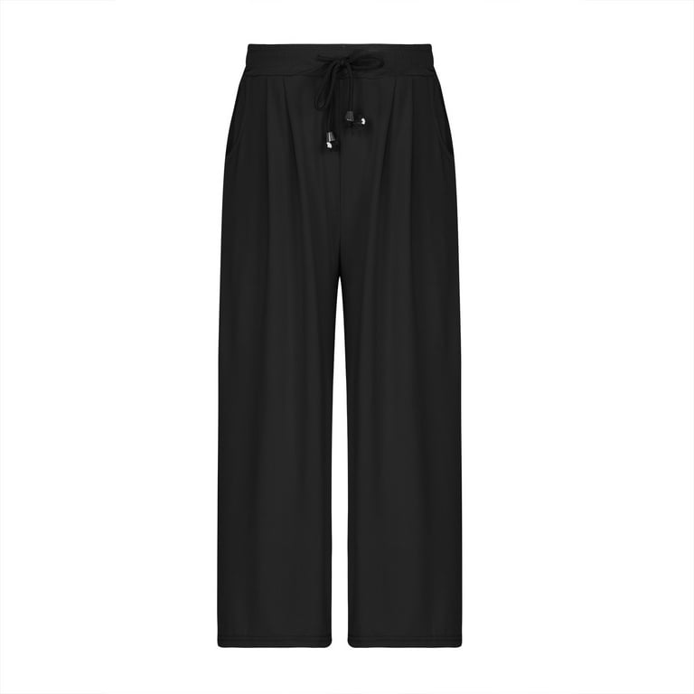 JWZUY Capri Pants for Women Loose Wide Leg Pants Casual Drawstring Capris  Pants with Pocket Black XL 