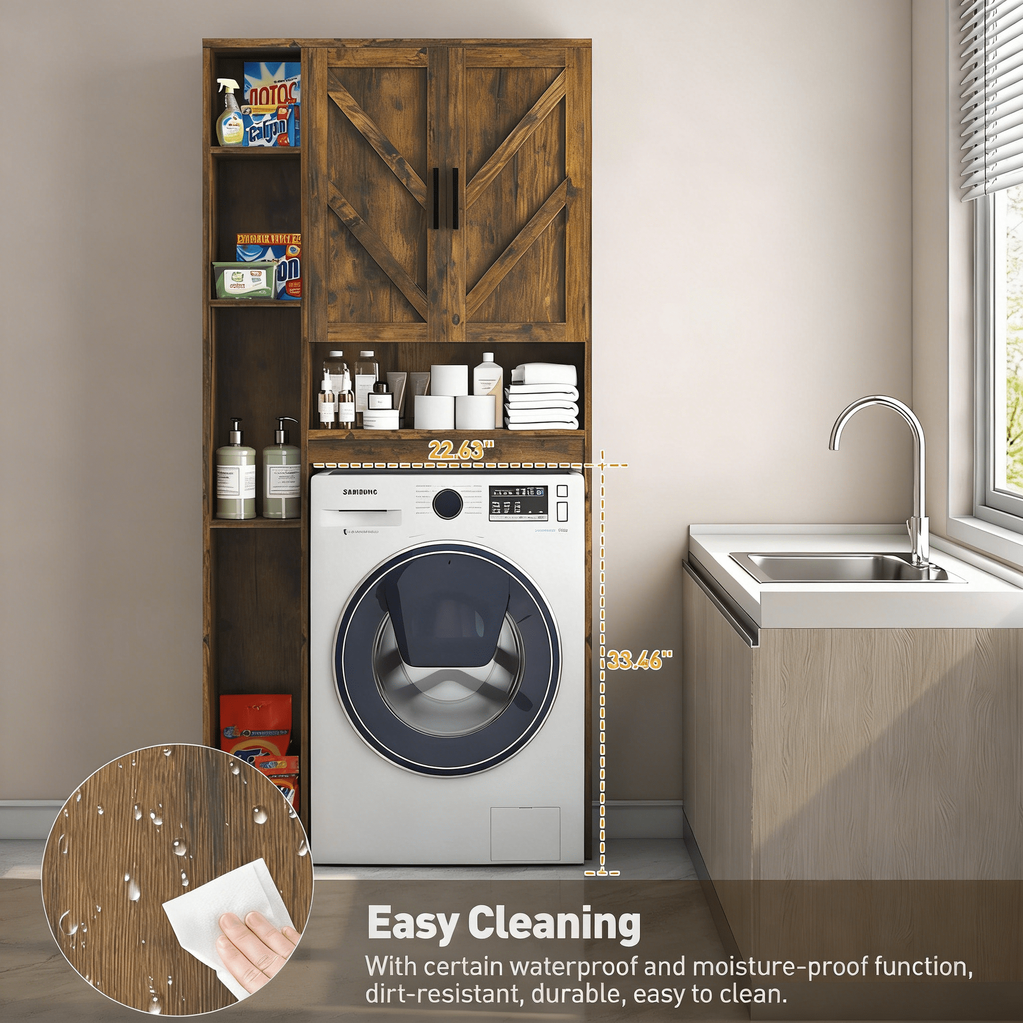 Over The Toilet Storage Cabinet with 7 Shelves, Double Doors, Bathroom Space Saver Organizer, Above Toilet with Open Shelf, Taller Wooden Paper Holder Stand, Free Standing Toilet Rack Brown