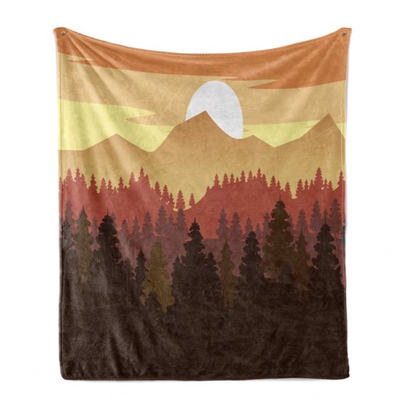 Landscape Soft Flannel Fleece Throw Blanket, Dramatic Forest Mountains and Pine Trees Scene, Cozy Plush for Indoor and Outdoor Use, 50" x 60", Multicolor, by Ambesonne