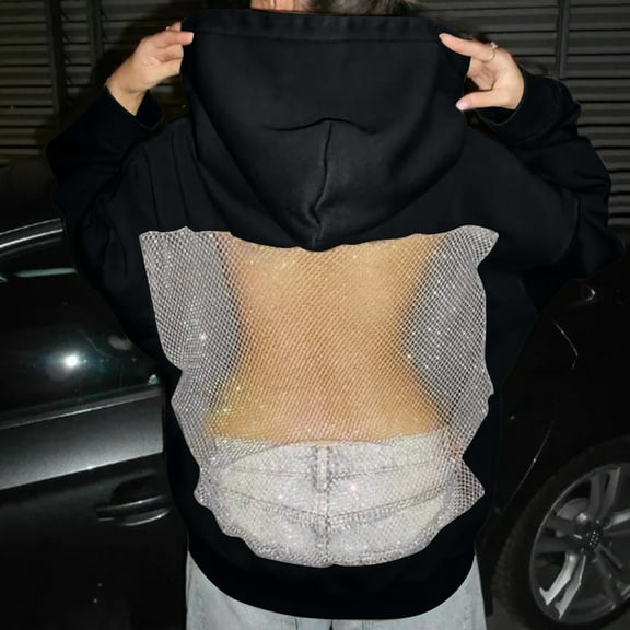 Women's Solid Color Fashionable Backless Hollow Mesh Long Sleeved Hooded Sweatshirt Sexy Crop Top for Women Trendy Streetwear Loungewear,Black,2XL