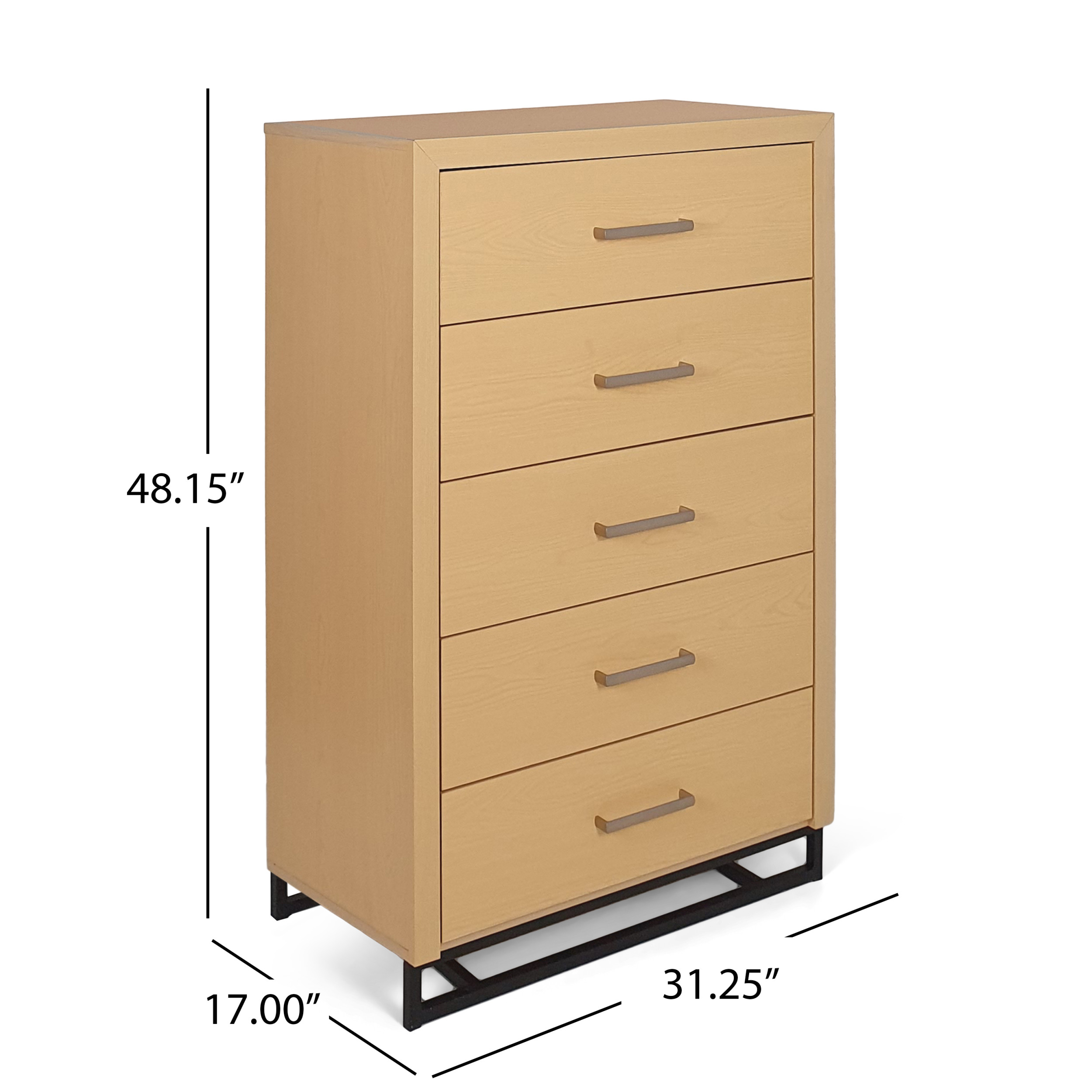 Noble House Cayuga Faux Wood 5 Drawer Dresser, Natural and Black