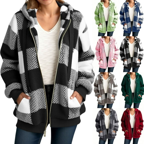 Shadoumai Plaid Fleece Jacket Women Sherpa Zip Up Hoodies Long Sleeve Flannel Jacket Trendy Winter Coats Outerwear