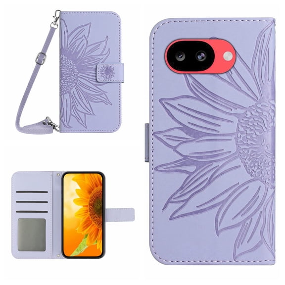Dteck Embossing PU Leather Folio Wallet Cell Phone Case with Crossbody Strap for Google Pixel 10A,Light Purple (Sun Flower)