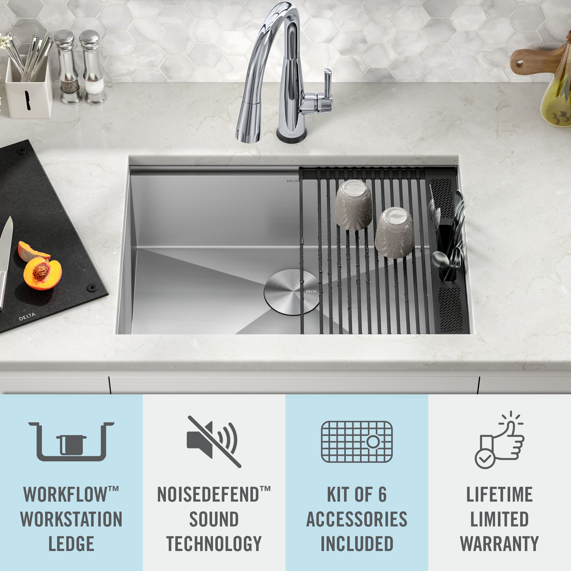 DELTA Rivet 27 Workstation Kitchen Sink Undermount16 GaugeStainless Steel  Single Bowl withWorkFlow Ledge and Accessories