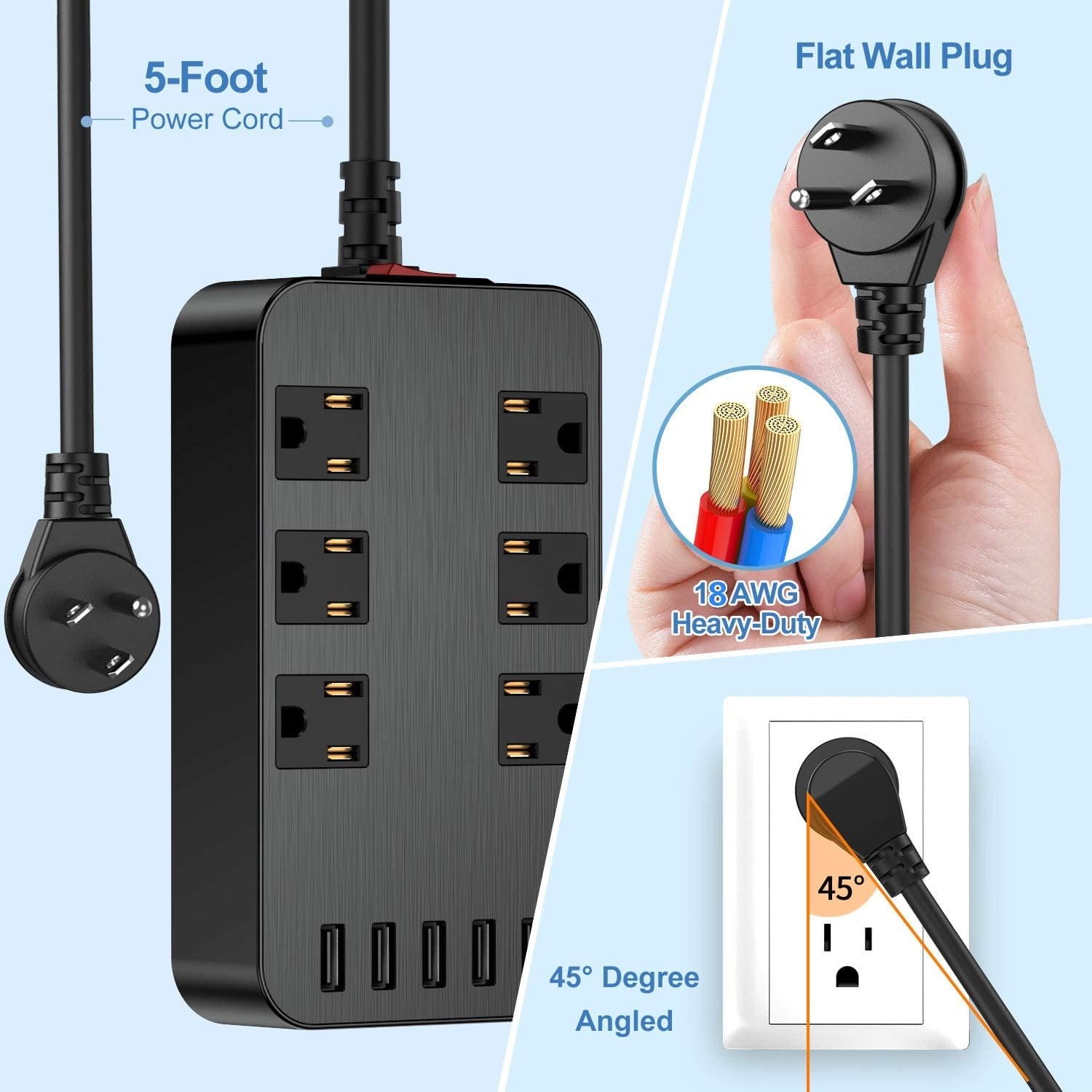 Multi Plug Socket Extender, Multi Socket Shunt (6 Sockets) And 5 USB Ports, Travel Wall Adapter Surge Protector, Office, Black