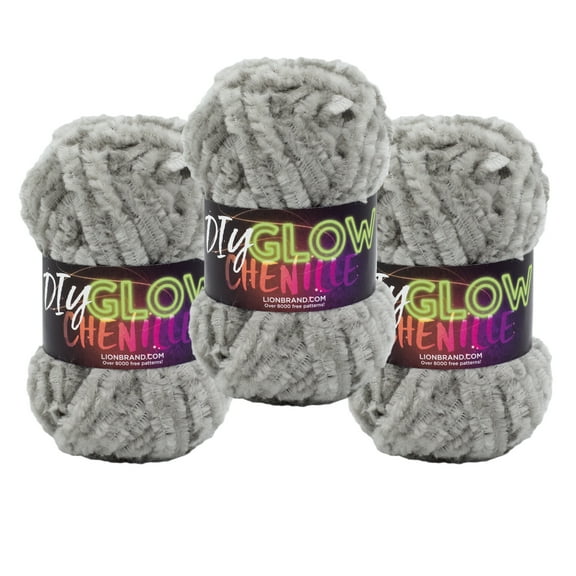 Lion Brand Yarn DIY Glow Chenille Grey Super Bulky Polyester Yarn 3 Pack