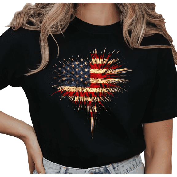 UNISHE Women's Patriotic American Flag Heart Fireworks Graphic Short Sleeve T-Shirt Casual Cotton Crewneck Top