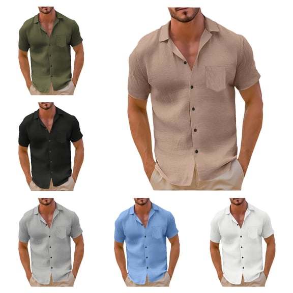 HAOTAGS Mens Linen Shirts Casual Button Down Shirts for Men Summer Short Sleeve Beach Shirts Khaki Size L